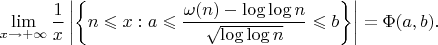 $$\lim_{x\rightarrow+\infty}\frac 1x\left|\left\{n\leqslant x:a\leqslant\frac{\omega(n)-\log\log n}{\sqrt{\log\log n}}\leqslant b\right\}\right|=\Phi(a,b).$$