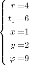 $\left\{ \begin{alignedat}{2}r & = & 4\\
t_{1} & = & 6\\
x & = & 1\\
y & = & 2\\
\varphi & = & 9
\end{alignedat}
\right.$