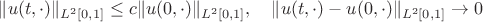 $\|u(t,\cdot)\|_{L^2[0,1]}\le c\|u(0,\cdot)\|_{L^2[0,1]},\quad \|u(t,\cdot)-u(0,\cdot)\|_{L^2[0,1]}\to 0$