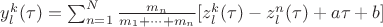 $y_l^k(\tau)=\sum_{n=1}^N \frac{m_n}{m_1+&hellip;+m_n}[z_l^k(\tau)-z_l^n(\tau)+a\tau+b]$