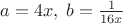 $a=4x,\; b=\frac{1}{16 x}$