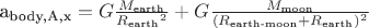 a_{\text{body,A,x}} = G\tfrac{M_{\text{earth}}}{{R_{\text{earth}}}^2} + G\tfrac{M_{\text{moon}}}{(R_{\text{earth-moon}}+R_{\text{earth}})^2}