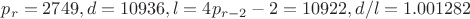 $p_r=2749, d=10936, l=4p_{r-2}-2=10922, d/l=1.001282$