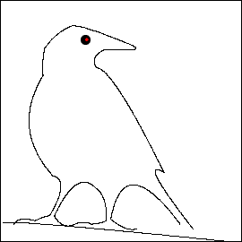 $$
\begin{picture}(300,200)


\put(113,130){
\circle*{6}
}
\textcolor{red}{
\put(113.5,130.5){
\circle*{2}
}
}
%============ canvas =============
\multiput(60,5)(150,0){2}{
\line(0,1){150}
}
\multiput(60,5)(0,150){2}{
\line(1,0){150}
}
%============== picture =============
\qbezier(65,17)(79,18)(206,5)

\put(85,13){
\qbezier(43,111)(54,111)(58,111)%beak
\qbezier(23,126)(28,126)(36,123)%beak
\qbezier(36,123)(35,124)(60,114)%
\qbezier(58,111)(66,111)(60,114)%
\qbezier(6,112)(13,122)(23,126)
\qbezier(6,112)(4,102)(5,95)%neck1
\qbezier(5,95)(-15,62)(11,33)%chest
\qbezier(9,8)(22,30)(11,33)%leg1
\qbezier(9,8)(6,8)(0,5)%
\qbezier(-13,3)(-10,8)(0,5)%
\qbezier(12,8)(26,38)(38,25)%
\qbezier(12,8)(17,-1)(25,3)%
\qbezier(25,3)(30,5)(35,3)%
\qbezier(35,3)(40,3)(44,5)
\qbezier(38,25)(45,20)(44,5)%
\qbezier(47,6)(55,50)(90,3)%
\qbezier(47,6)(57,-2)(63,0)
\qbezier(43,111)(34,107)(38,100)
\qbezier(38,100)(48,100)(80,35)
\qbezier(80,35)(63,45)(98,0)
}

\end{picture}
$$