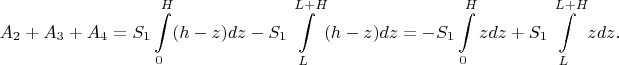 $$A_2+A_3+A_4=S_1\int\limits_{0}^{H}(h-z)dz-S_1\int\limits_{L}^{L+H}(h-z)dz=-S_1\int\limits_{0}^{H}zdz+S_1\int\limits_{L}^{L+H}zdz.$$