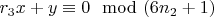 $r_3x + y\equiv 0\mod (6n_2 + 1)$