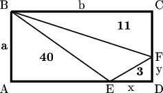 $\tikz[scale=.1]{
\draw [ultra thick]
(2,20)--(42,20)--(42,0)--(2,0)--(2,20);
\draw [thick] (2,20)--(30,0);
\draw [thick] (2,20)--(42,7);
\draw [thick] (30,0)--(42,7);
\node at (12,7){\textbf{40}};
\node at (34,16){\textbf{11}};
\node at (38.5,3){\textbf{3}};
\node at (0,10){\text{a}};
\node at (22,22){\text{b}};
\node at (0,10){\text{a}};
\node at (36,-2){\text{x}};
\node at (44,3){\text{y}};
\node at (0,-2){\text{A}};
\node at (0,22){\text{B}};
\node at (44,22){\text{С}};
\node at (44,-2){\text{D}};
\node at (30,-2){\text{E}};
\node at (44,7){\text{F}};
}$