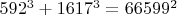 $592^3+1617^3=66599^2$