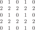 $\begin{array}{ccccc}0&1&0&1&0\\ 
2&2&2&2&2\\ 
0&1&0&1&0\\ 
2&2&2&2&2\\ 
0&1&0&1&0\\ \end{array}$