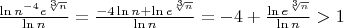 $\frac{\ln n^{-4}e^{\sqrt[3]n}}{\ln n}=\frac{-4\ln n + \ln e^{\sqrt[3]n}}{\ln n}=-4+\frac{\ln e^{\sqrt[3]n}}{\ln n}>1$