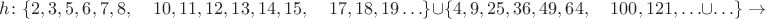 $$h\colon \{2, 3, 5, 6, 7, 8, \;\;\;\; 10, 11, 12, 13, 14, 15, \;\;\;\; 17, 18, 19 \ldots\}\cup \{4, 9, 25, 36, 49, 64, \;\;\;\; 100, 121, \ldots\cup \ldots\}  \to$$