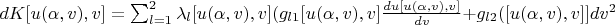 $dK[u(\alpha,v),v]=\sum_{l=1}^{2}\lambda_l[u(\alpha,v),v](g_{l1}[u(\alpha,v),v]\frac{du[u(\alpha,v),v]}{dv}+g_{l2}([u(\alpha,v),v]]dv^2$