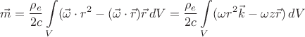 $$\vec m=\frac{\rho_e}{2c}\int\limits_V (\vec \omega\cdot r^2-(\vec \omega\cdot \vec r) \vec r\, dV=\frac{\rho_e}{2c}\int\limits_V (\omega r^2\vec k-\omega z \vec r)\, dV$$ $$\vec m=\frac{\rho_e}{2c}\int\limits_V (\vec \omega\cdot r^2-(\vec \omega\cdot \vec r) \vec r\, dV=\frac{\rho_e}{2c}\int\limits_V (\omega r^2\vec k-\omega z \vec r)\, dV$$