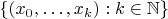 $\{ (x_0, \ldots, x_k) : k \in \mathbb{N} \}$