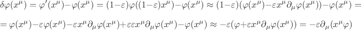 $$\delta \varphi(x^\mu) =\varphi'(x^\mu)-\varphi(x^\mu)=( 1-\varepsilon) \varphi ((1-\varepsilon)x^\mu)-\varphi(x^\mu)\approx 
(1-\varepsilon) (\varphi(x^\mu)-\varepsilon x^\mu \partial_\mu \varphi (x^\mu))-\varphi(x^\mu)=$$
$$=\varphi(x^\mu)-\varepsilon\varphi(x^\mu)-\varepsilon x^\mu \partial_\mu \varphi (x^\mu)+\varepsilon\varepsilon x^\mu \partial_\mu \varphi (x^\mu)-\varphi(x^\mu)\approx-\varepsilon(\varphi+\varepsilon x^\mu \partial_\mu \varphi(x^\mu))=-\varepsilon \partial_\mu(x^\mu \varphi)$$