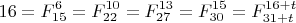 $$16=F_{15}^6=F_{22}^{10}=F_{27}^{13}=F_{30}^{15}=F_{31+t}^{16+t}$$