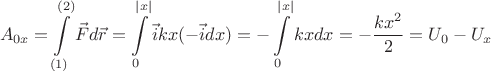 $$A_{0x}=\int\limits_{(1)}^{(2)}{\vec{F}d\vec{r}}=\int\limits_{0}^{|x|}{\vec{i}kx(-\vec{i}dx)}=-\int\limits_0^{|x|}kxdx=-\frac{kx^2}{2}=U_0-U_x$$