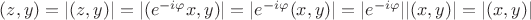 $(z,y)=|(z,y)|=|(e^{-i\varphi}x,y)|=|e^{-i\varphi}(x,y)|=|e^{-i\varphi}||(x,y)|=|(x,y)|$$ $(z,y)=|(z,y)|=|(e^{-i\varphi}x,y)|=|e^{-i\varphi}(x,y)|=|e^{-i\varphi}||(x,y)|=|(x,y)|$$