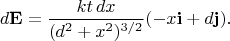 $$d\mathbf{E}=\frac{kt\,dx}{(d^2+x^2)^{3/2}}(-x\mathbf{i}+d\mathbf{j}).$$