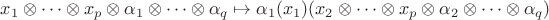 $x_1\otimes \dots \otimes x_p \otimes \alpha_1 \otimes\dots \otimes \alpha_q \mapsto \alpha_1(x_1)(x_2\otimes \dots \otimes x_p \otimes \alpha_2 \otimes\dots \otimes \alpha_q )$