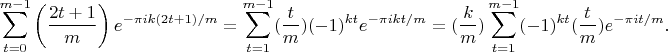 $$\sum_{t=0}^{m-1} \left(\frac{2t+1}{m}\right) e^{-\pi i k (2t+1)/m}=\sum_{t=1}^{m-1}(\frac{t}{m})(-1)^{kt}e^{-\pi ikt/m} =(\frac km )\sum_{t=1}^{m-1}(-1)^{kt}(\frac tm )e^{-\pi it/m}.$$