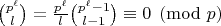 $\binom{p^\ell}{l} = \frac{p^\ell}l \binom{p^\ell - 1}{l-1}\equiv 0\pmod{p}$