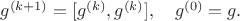 $g^{(k+1)}=[g^{(k)},g^{(k)}],\quad g^{(0)}=g.$