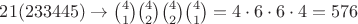 $21(233445) \to \binom{4}{1}\binom{4}{2}\binom{4}{2}\binom{4}{1}=4\cdot6\cdot6\cdot4=576$