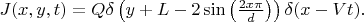 $J(x,y,t) =Q\delta\left(y+L-2\sin\left(\frac{2x\pi}{d}\right)\right)\delta(x-Vt).$
