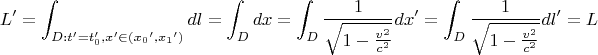 $$L'=\int_{D:t'=t'_0,x' \in ({x_0}',{x_1}')}dl=\int_{D}dx=\int_{D}\frac{1}{\sqrt{1-\frac{v^2}{c^2}}}dx' = \int_{D}\frac{1}{\sqrt{1-\frac{v^2}{c^2}}}dl'= L$$