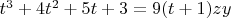 $t^3+4t^2+5t+3=9(t+1)zy$