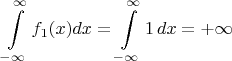 $$\int\limits_{-\infty}^\infty f_1(x)dx = \int\limits_{-\infty}^\infty 1\,dx=+\infty$$