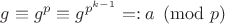 $g\equiv g^p\equiv g^{p^{k-1}}=:a\pmod p$