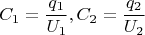 $$C_1= \frac{q_1}{U_1} , C_2= \frac{q_2}{U_2}$$
