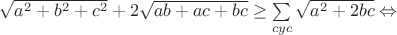 $\sqrt{a^2+b^2+c^2}+2\sqrt{ab+ac+bc}\geq\sum\limits_{cyc}\sqrt{a^2+2bc}\Leftrightarrow$