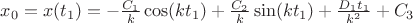 $x_0=x(t_1) = - \frac{C_1}{k}   \cos(kt_1)+\frac{C_2}{k}  \sin(kt_1)+\frac{D_1t_1}{k^2}+C_3$