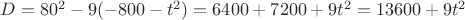 $D = 80^2-9(-800-t^2) = 6400+7200+9t^2 = 13600+9t^2$