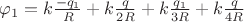 $\varphi_1=k\frac{-q_1}{R}+k\frac{q}{2R}+k\frac{q_1}{3R}+k\frac{q}{4R}$ $\varphi_1=k\frac{-q_1}{R}+k\frac{q}{2R}+k\frac{q_1}{3R}+k\frac{q}{4R}$