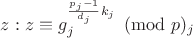 $z: z \equiv g_j^{\frac{p_j-1}{d_j}k_j} \pmod p_j$