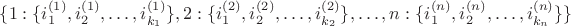 $\{1 : \{i_1^{(1)}, i_2^{(1)}, \ldots, i_{k_1}^{(1)}\}, 2:\{i_1^{(2)}, i_2^{(2)}, \ldots, i_{k_2}^{(2)}\}, \ldots, n: \{i_1^{(n)}, i_2^{(n)}, \ldots, i_{k_n}^{(n)}\} \}$