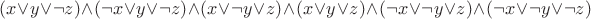 $(x\vee y\vee\neg z)\wedge(\neg x\vee y\vee\neg z)\wedge(x\vee\neg y\vee z)\wedge(x\vee y\vee z)\wedge(\neg x\vee\neg y\vee z)\wedge(\neg x\vee\neg y\vee\neg z)$