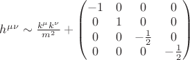$h^{\mu\nu}\sim \frac{k^\mu k^\nu}{m^2}+\begin{pmatrix}-1&0&0&0\\0&1&0&0\\0&0&-\frac{1}{2}&0\\0&0&0&-\frac{1}{2}\end{pmatrix}$ $h^{\mu\nu}\sim \frac{k^\mu k^\nu}{m^2}+\begin{pmatrix}-1&0&0&0\\0&1&0&0\\0&0&-\frac{1}{2}&0\\0&0&0&-\frac{1}{2}\end{pmatrix}$