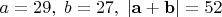 $a=29, \;b=27, \;|\mathbf a+\mathbf b|=52$