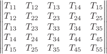 $\begin{Vmatrix}T_{11} & T_{12} & T_{13} & T_{14} & T_{15} \\
T_{12} & T_{22} & T_{23} & T_{24} & T_{25} \\
T_{13} & T_{23} & T_{33} & T_{34} & T_{35} \\
T_{14} & T_{24} & T_{34} & T_{44} & T_{45} \\
T_{15} & T_{25} & T_{35} & T_{45} & T_{55} \end{Vmatrix}$