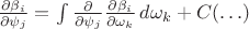 $\frac{\partial \beta_i}{\partial\psi_j} = \int\frac{\partial}{\partial\psi_j}\frac{\partial\beta_i}{\partial\omega_k}\, d\omega_k+C(\ldots)$