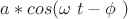$a*cos (\omega\  t -\phi\ )$