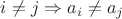 $i \not = j \Rightarrow a_i \not =a_j$