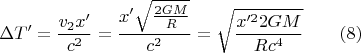 $$ \Delta T'= \frac{v_2 x'}{c^2}= \frac{x'\sqrt{\frac{2GM}R}}{c^2}= \sqrt{\frac{x'^2 2GM}{Rc^4}} \qquad (8) $$