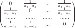 $\begin{pmatrix}
 0& \frac{1}{a_{1}-a_{2}} &... &\frac{1}{a_{1}-a_{n}} \\
 \frac{1}{a_{2}-a_{1}}& 0 &...&\frac{1}{a_{2}-a_{n}} \\
 ......& ......& ......&......\\
 \frac{1}{a_{n}-a_{1}}& \frac{1}{a_{n}-a_{2}} &...&0
\end{pmatrix}$