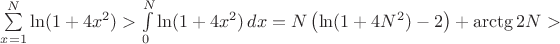 $\sum\limits_{x=1}^N \ln(1+4x^2) > \int\limits_0^N \ln(1+4x^2)\, dx = N\left(\ln(1+4N^2)-2\right)+\arctg 2N >$